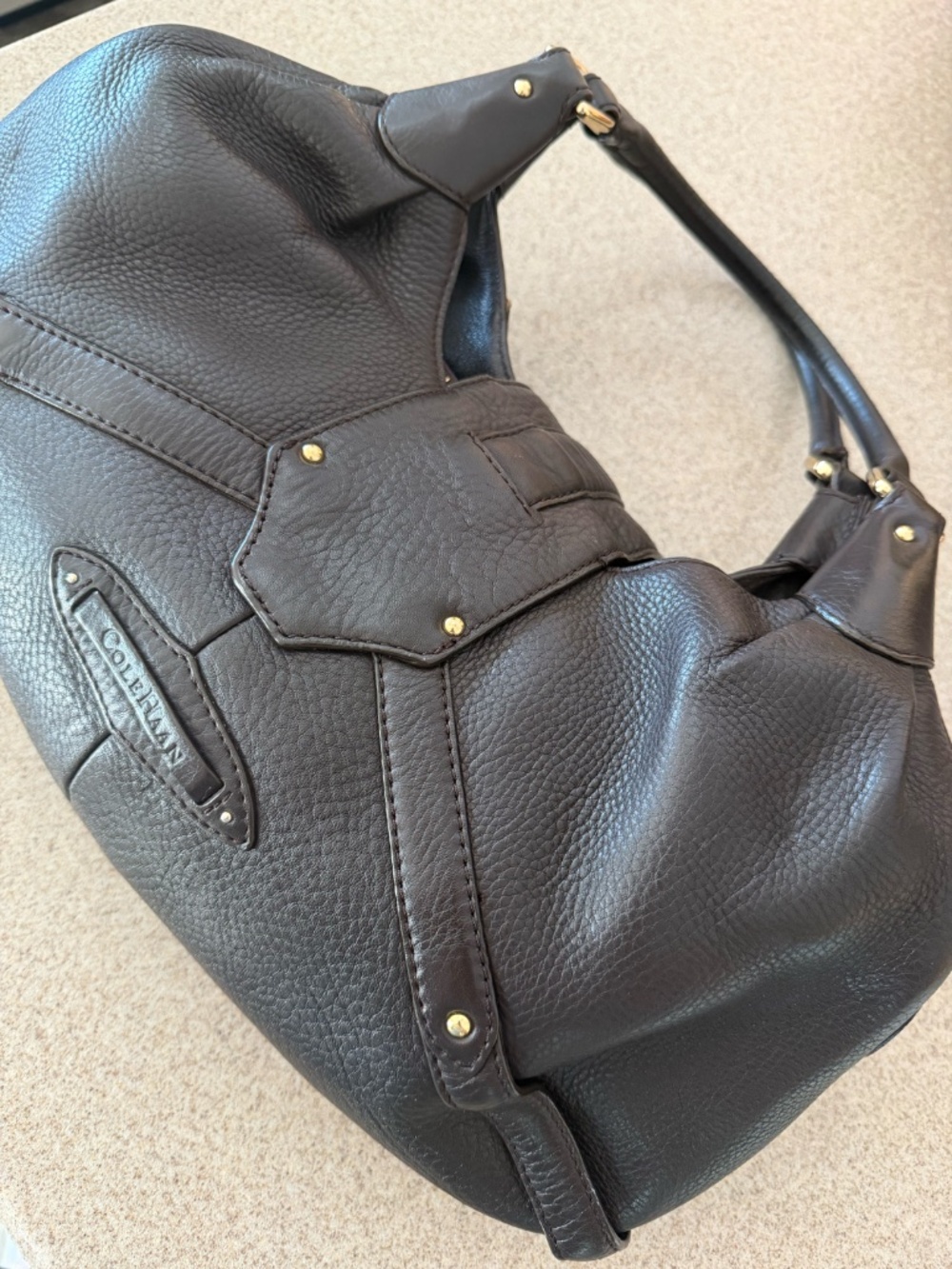 Cole Haan Dark brown Pebbled Leather Equestrian Hobo Bag with Gold Hardware - Picture 8 of 10